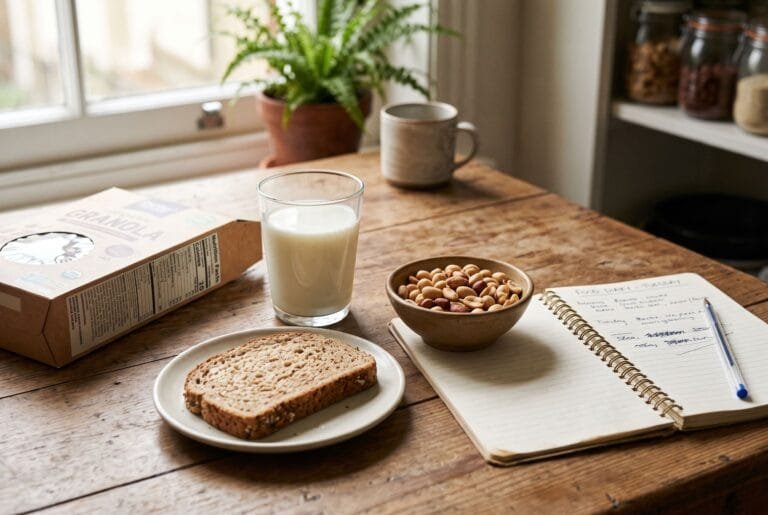 Etiket met ingrediëntenlijst naast een glas melk, brood, pinda's en een opengeslagen voedingsdagboek.