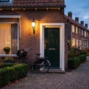 Voordeur van een Nederlandse rijtjeswoning met brandende buitenlamp in de schemering
