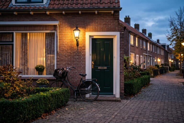 Voordeur van een Nederlandse rijtjeswoning met brandende buitenlamp in de schemering