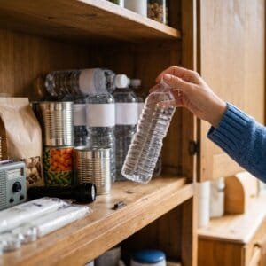 Hand zet een fles water in een keukenkast met blikken eten, crackers, een radio op batterijen en een zaklamp