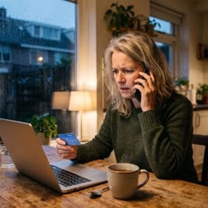 Vrouw aan de keukentafel belt bezorgd met haar telefoon terwijl ze haar bankpas in haar hand houdt