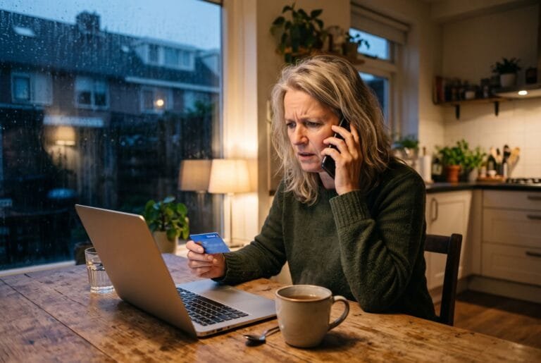 Vrouw aan de keukentafel belt bezorgd met haar telefoon terwijl ze haar bankpas in haar hand houdt
