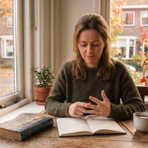 Vrouw aan een tafel bij het raam met een open schrift, een oud boek en een kop thee