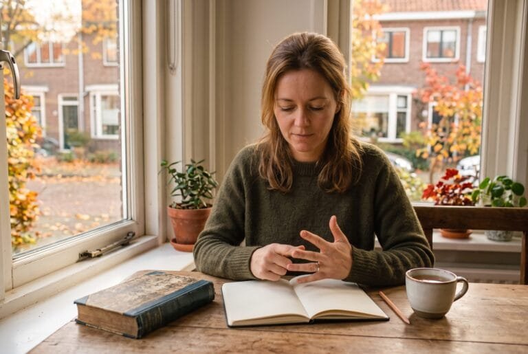 Vrouw aan een tafel bij het raam met een open schrift, een oud boek en een kop thee
