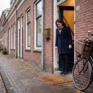 Vrouw staat met haar telefoon in de hand in de deuropening en kijkt naar een lege deurmat