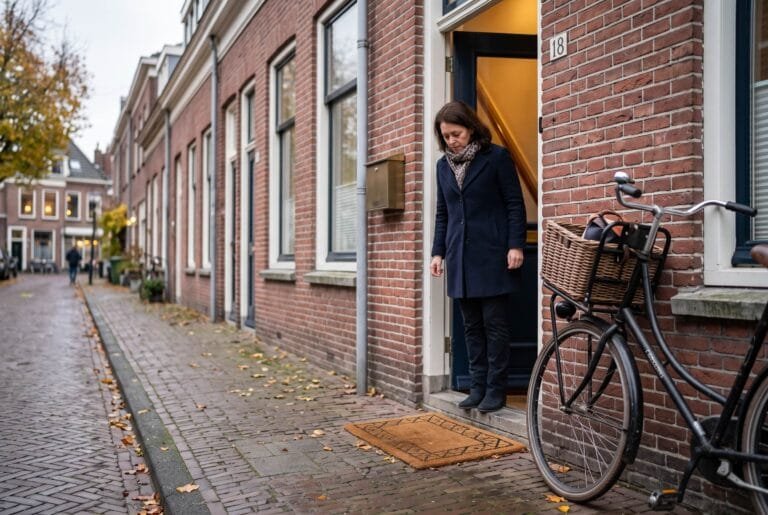 Vrouw staat met haar telefoon in de hand in de deuropening en kijkt naar een lege deurmat
