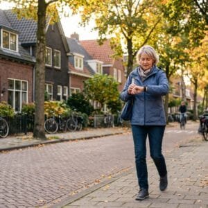 Vrouw van middelbare leeftijd wandelt stevig door een woonstraat met bomen en kijkt op haar smartwatch