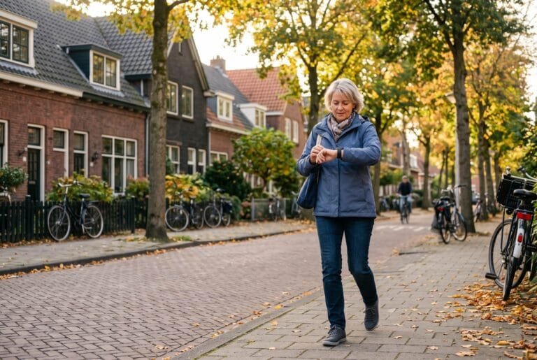 Vrouw van middelbare leeftijd wandelt stevig door een woonstraat met bomen en kijkt op haar smartwatch