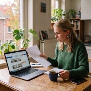 Jonge vrouw zoekt aan de keukentafel op haar laptop naar een huurwoning, met een brief van de woningcorporatie ernaast