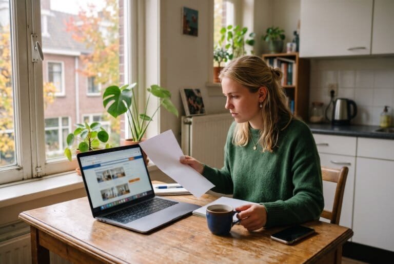 Jonge vrouw zoekt aan de keukentafel op haar laptop naar een huurwoning, met een brief van de woningcorporatie ernaast
