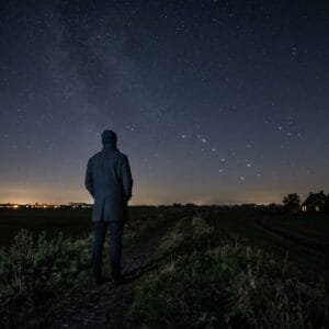 Wandelaar op een dijk kijkt in een heldere nacht naar de sterren boven een vlakke polder