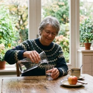 Vrouw schenkt aan de keukentafel kraanwater uit een karaf in een glas naast een kop thee