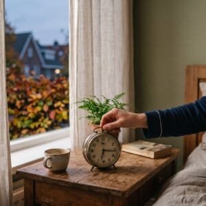 Hand draait aan een analoge wekker op een nachtkastje in ochtendlicht