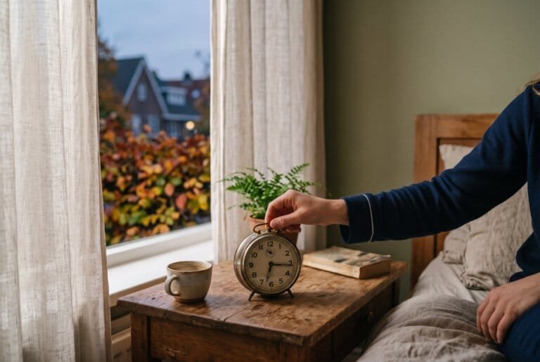Hand draait aan een analoge wekker op een nachtkastje in ochtendlicht