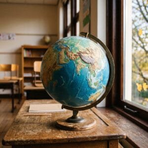 Wereldbol met reliëf staat op een houten tafel bij het raam van een klaslokaal in de ochtendzon