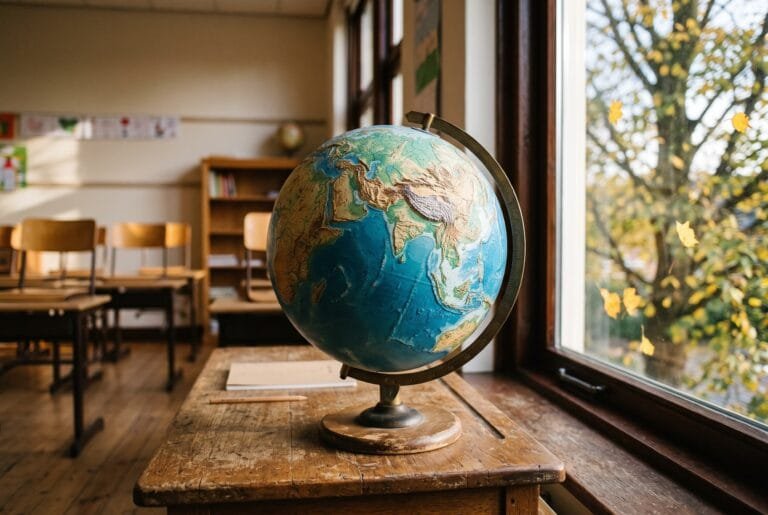 Wereldbol met reliëf staat op een houten tafel bij het raam van een klaslokaal in de ochtendzon