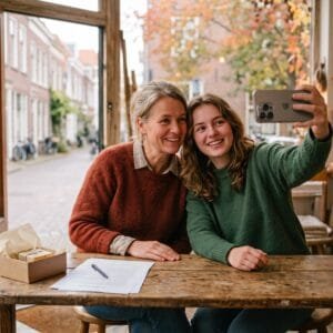 Winkeleigenaar en jonge maker maken samen een selfie aan een tafel in de winkel, met een productdoos en een contract
