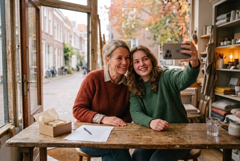 Winkeleigenaar en jonge maker maken samen een selfie aan een tafel in de winkel, met een productdoos en een contract