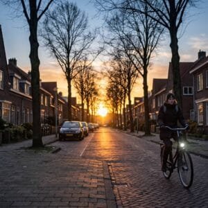 Lage decemberzon gaat onder aan het eind van een Nederlandse straat terwijl een fietser met licht aan naar huis rijdt