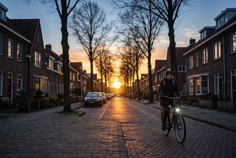 Lage decemberzon gaat onder aan het eind van een Nederlandse straat terwijl een fietser met licht aan naar huis rijdt