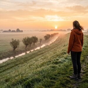 Vrouw op een dijk kijkt bij zonsopkomst naar de lage zon boven mistige weilanden in een Nederlandse polder