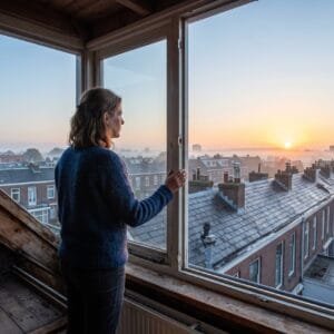 Vrouw kijkt bij zonsopkomst vanuit een zolderraam over Nederlandse daken naar de oostelijke horizon