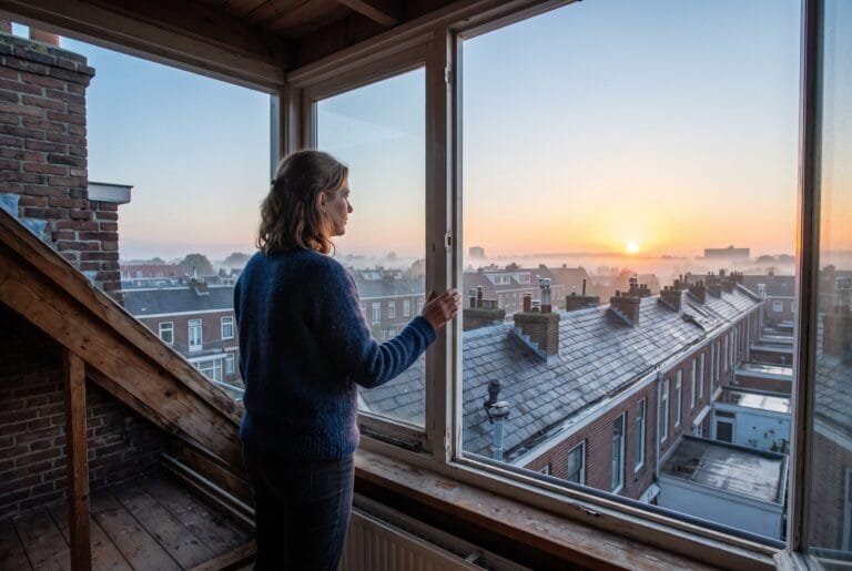 Vrouw kijkt bij zonsopkomst vanuit een zolderraam over Nederlandse daken naar de oostelijke horizon