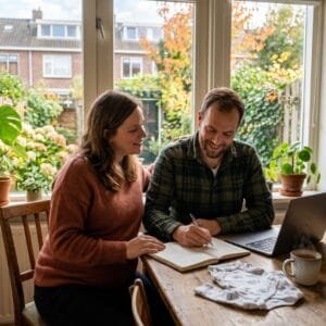 Aanstaande ouders plannen samen aan de keukentafel met een laptop, een schrift en een rompertje erbij