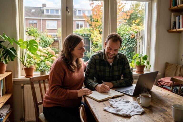 Aanstaande ouders plannen samen aan de keukentafel met een laptop, een schrift en een rompertje erbij