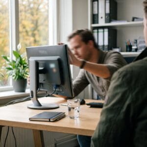Adviseur draait in een kantoor zijn beeldscherm naar een klant die met de rug naar de camera aan het bureau zit