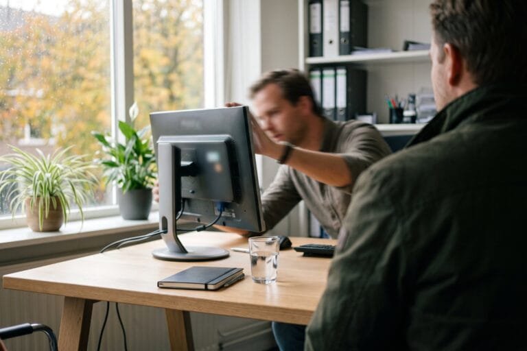 Adviseur draait in een kantoor zijn beeldscherm naar een klant die met de rug naar de camera aan het bureau zit