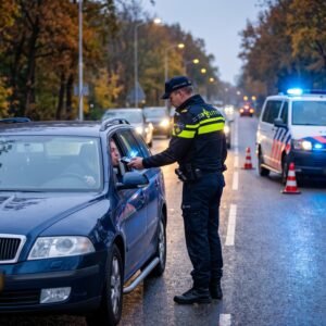 Agent houdt bij een alcoholcontrole in de herfstschemering een blaastestapparaat bij het open raam van een auto