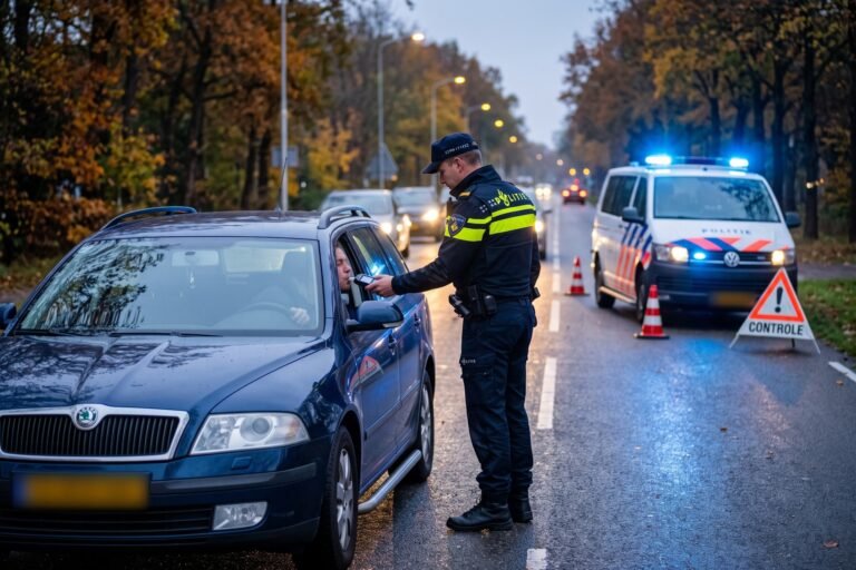 Agent houdt bij een alcoholcontrole in de herfstschemering een blaastestapparaat bij het open raam van een auto