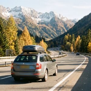 Auto met dakkoffer en Nederlands kenteken rijdt in herfstlicht over een bochtige snelweg door de Alpen