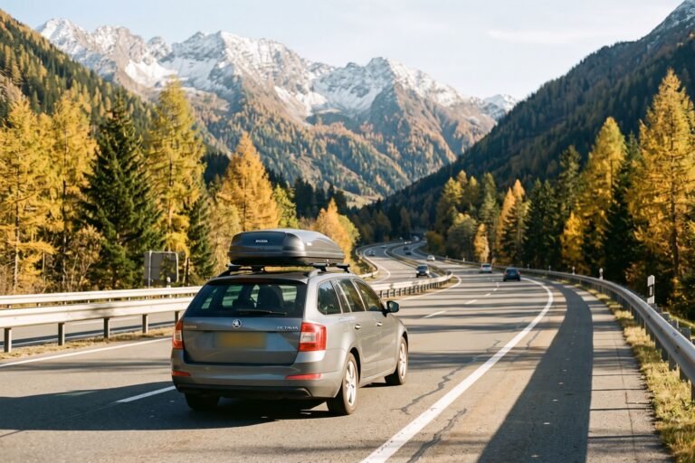 Auto met dakkoffer en Nederlands kenteken rijdt in herfstlicht over een bochtige snelweg door de Alpen