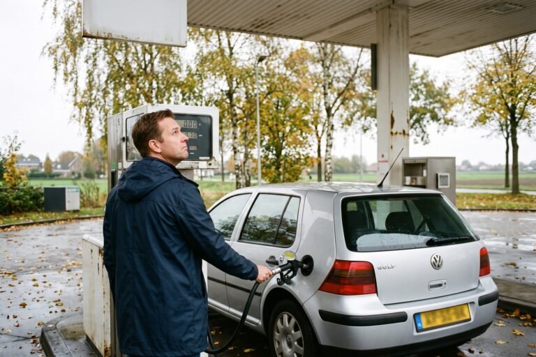 Man tankt een zilveren Volkswagen Golf en kijkt naar de oplopende teller van de benzinepomp