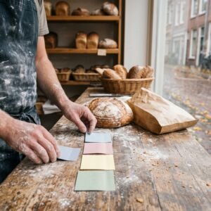 Bakker legt vier gekleurde blanco briefjes op een rij naast een brood op de houten toonbank van een buurtbakkerij