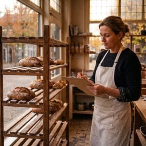Bakker telt aan het eind van de dag de overgebleven broden op een rek en noteert het aantal op een klembord
