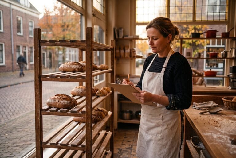 Bakker telt aan het eind van de dag de overgebleven broden op een rek en noteert het aantal op een klembord