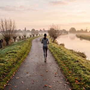 Vrouw in sportkleding rent van achteren gezien rustig over een dijkpad langs het water in de herfst