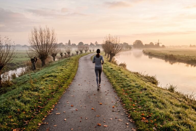 Vrouw in sportkleding rent van achteren gezien rustig over een dijkpad langs het water in de herfst