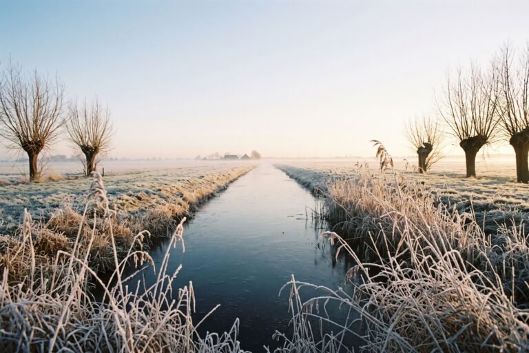 Bevroren sloot in een polder met berijpt riet langs de kant in laag ochtendlicht