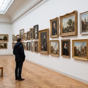 Bezoeker staat met de rug naar de camera in een lichte museumzaal voor een rij ingelijste schilderijen