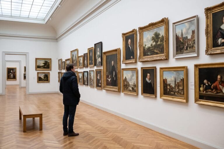 Bezoeker staat met de rug naar de camera in een lichte museumzaal voor een rij ingelijste schilderijen