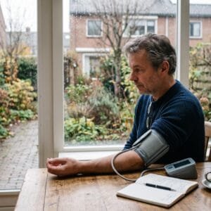 Man meet aan de keukentafel zijn bloeddruk met een band om zijn bovenarm naast een opengeslagen notitieboekje