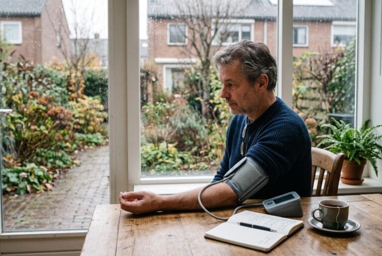 Man meet aan de keukentafel zijn bloeddruk met een band om zijn bovenarm naast een opengeslagen notitieboekje
