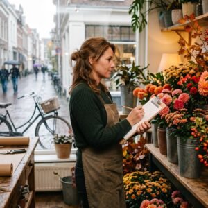 Bloemist staat met een klembord tussen emmers herfstbloemen in haar winkel en schrijft iets op