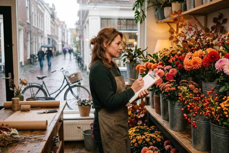 Bloemist staat met een klembord tussen emmers herfstbloemen in haar winkel en schrijft iets op