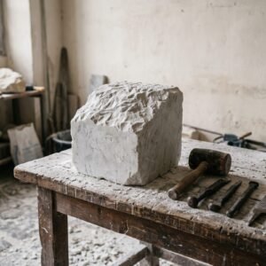 Ruw blok wit marmer op een houten werkbank met een houten hamer en beitels in een beeldhouwersatelier