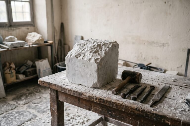 Ruw blok wit marmer op een houten werkbank met een houten hamer en beitels in een beeldhouwersatelier